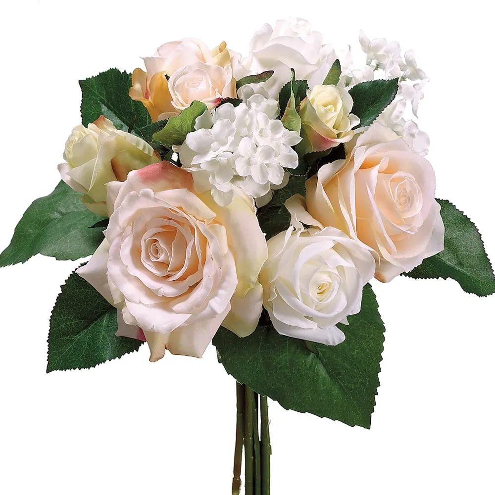 11.5" Rose & Hydrangea Silk Flower Bouquet -Peach/Cream (pack of 6)