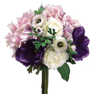 11" Hydrangea, Ranunculus & Anemone Silk Bouquet -Purple/Lavender (pack of 6)