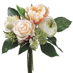 11" Peony, Rose & Lilac Silk Flower Bouquet -Peach/Cream (pack of 6)