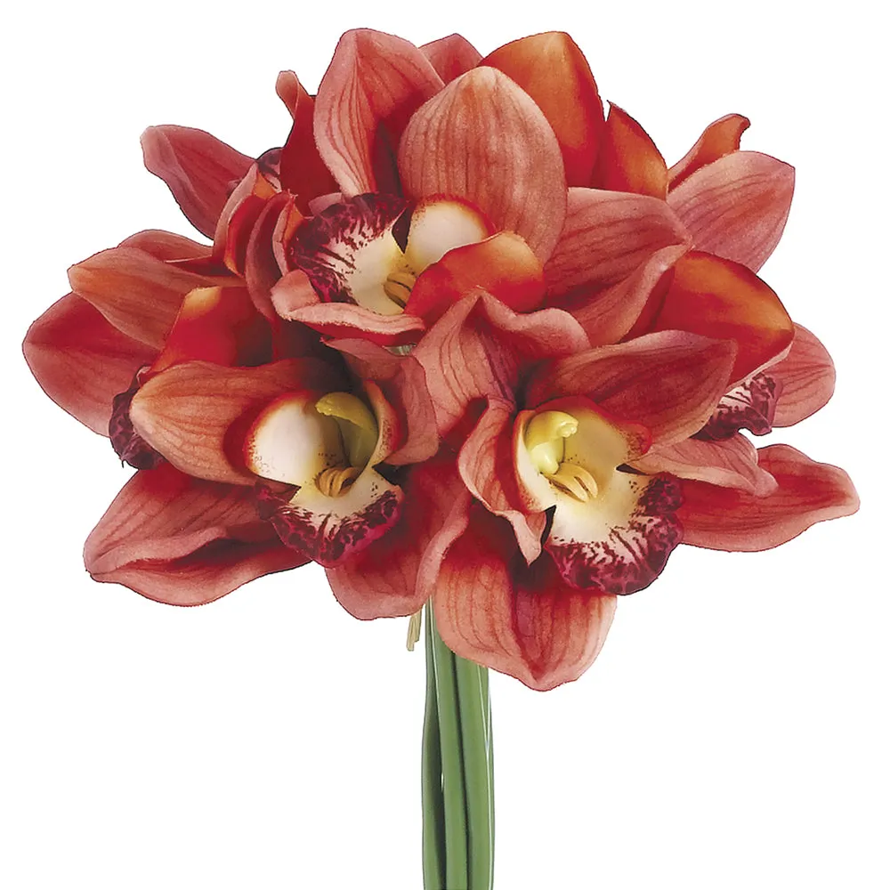 12" Real Touch Cymbidium Orchid Silk Flower Bouquet -Orange (pack of 12)