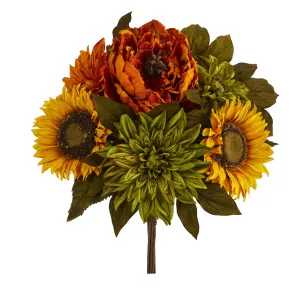 16" Artificial Peony, Dahlia & Sunflower Flower Bouquet (Set of 2) - Low Maintenance, Life-Like & Vibrant Silk Flowers For Busy People.