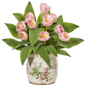 18" Artificial Tulip Arrangement in Floral Design Vase - Low Maintenance, Life-Like & Vibrant Silk Flowers For Busy People.