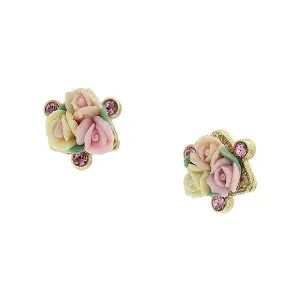 1928 Bridal Pink Crystal And Ivory And Pink Porcelain Rose Button Earrings