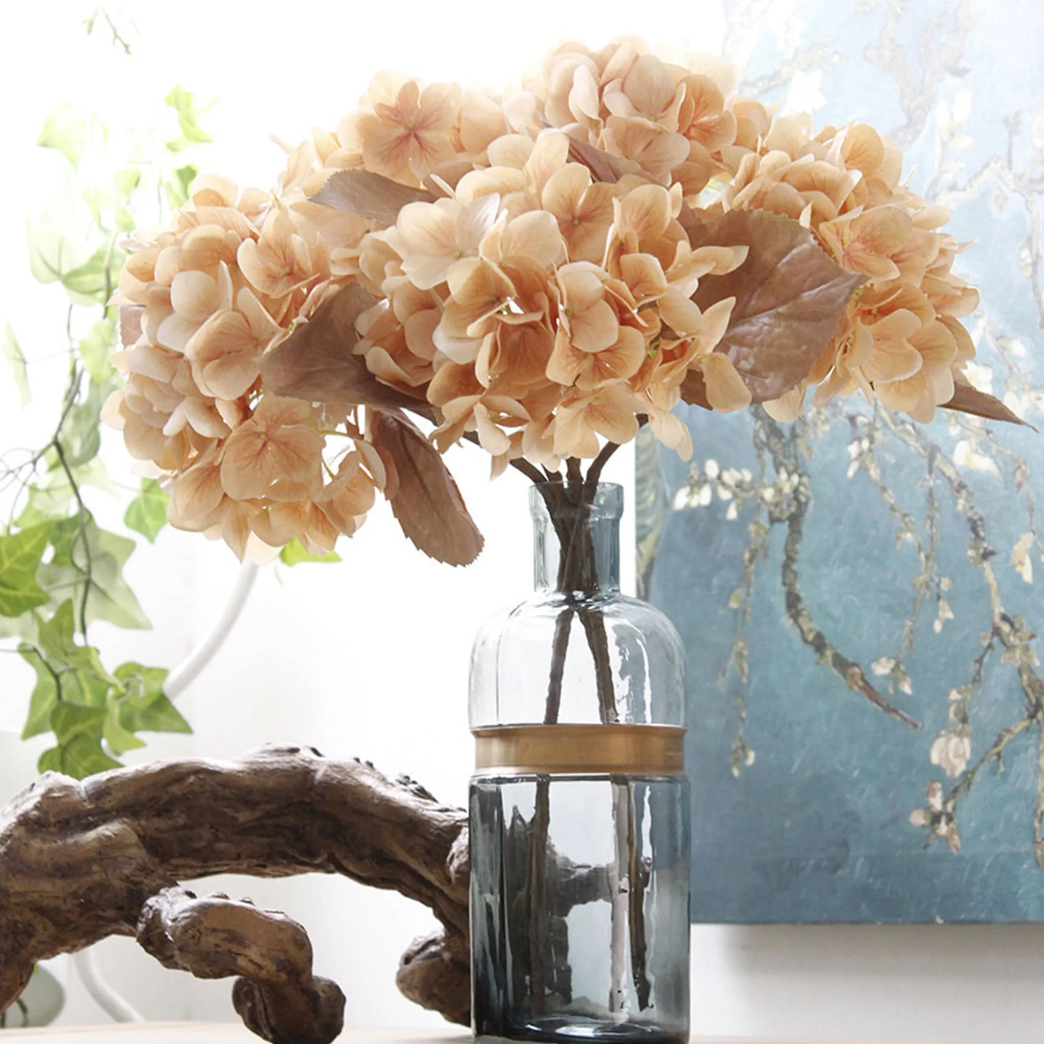 Artificial Flowers Tan Silk Hydrangea Fake Floral