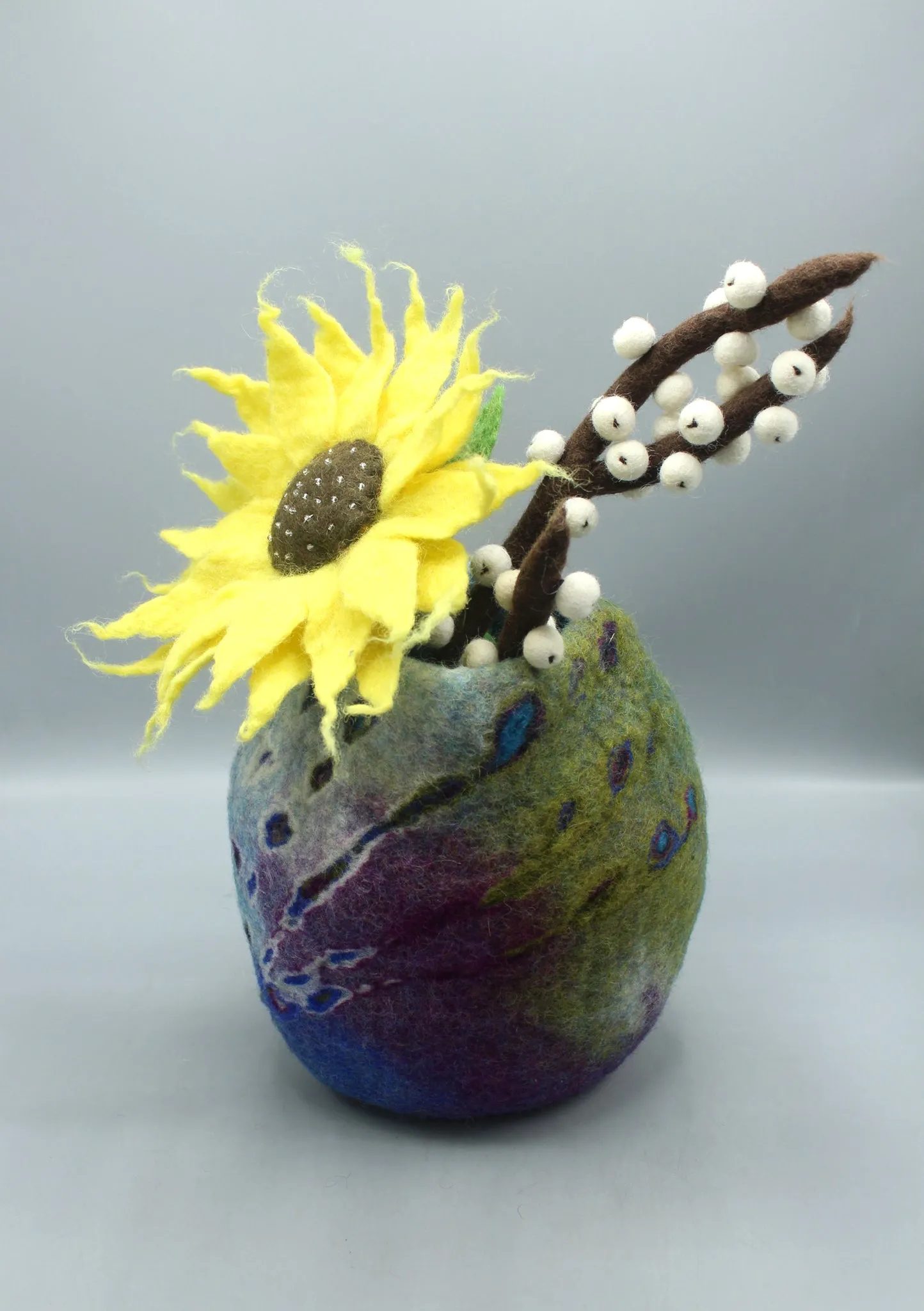 Blue, Purple, White and Green Multi color Felt Flower Vase