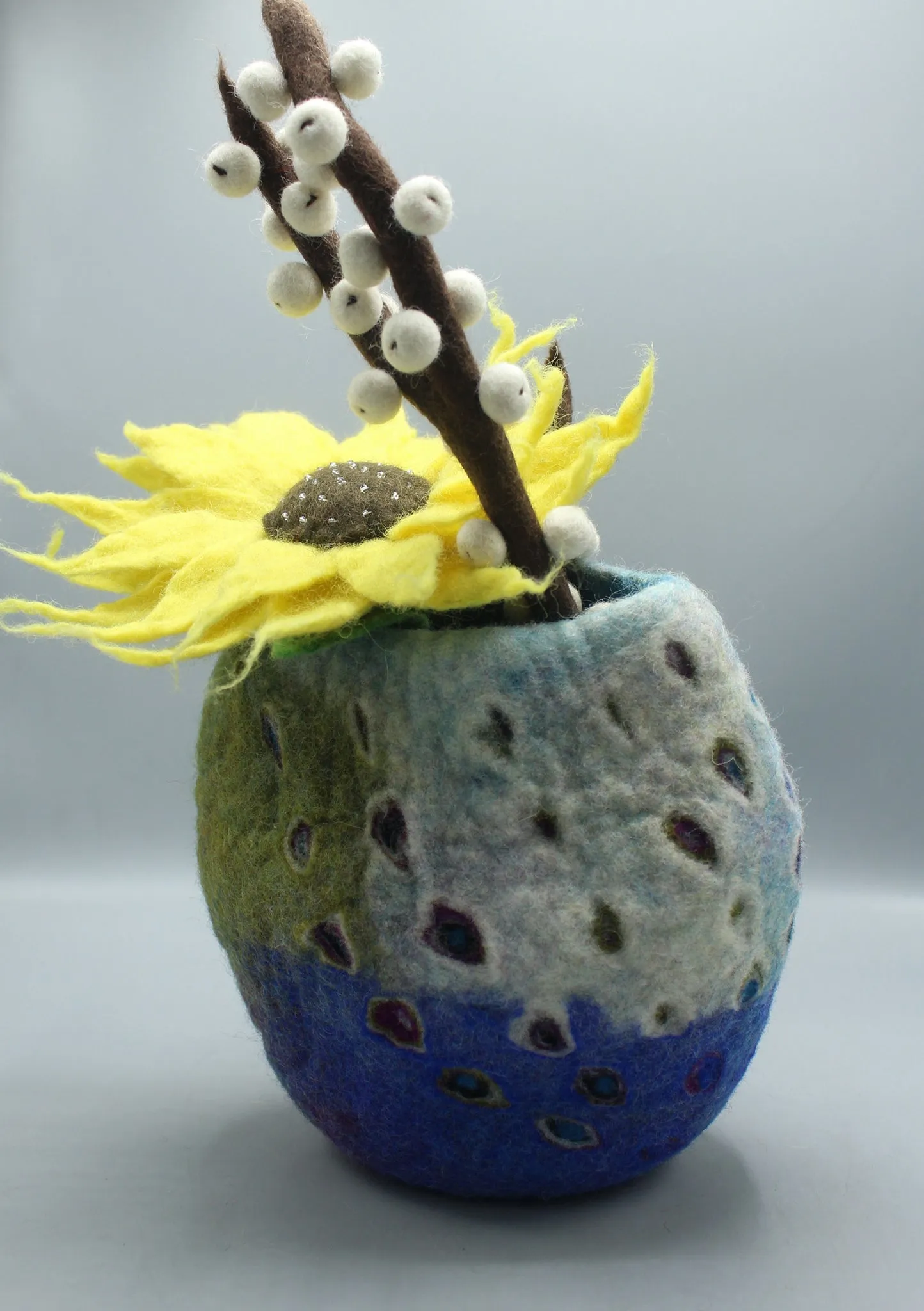 Blue, Purple, White and Green Multi color Felt Flower Vase