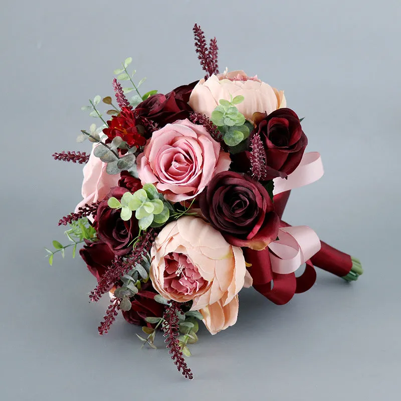 Bulk Burgundy French Round Bridal Bouquets Wedding Bouquets Wholesale