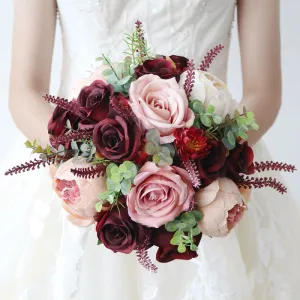 Bulk Burgundy French Round Bridal Bouquets Wedding Bouquets Wholesale