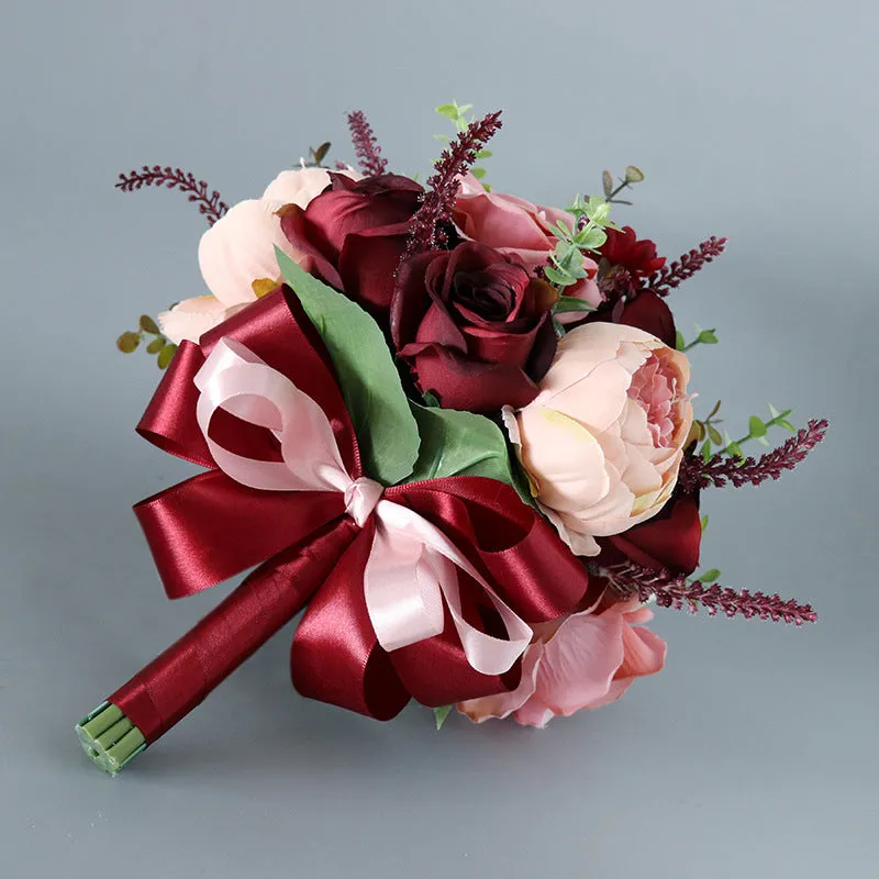 Bulk Burgundy French Round Bridal Bouquets Wedding Bouquets Wholesale