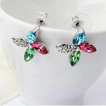 Colorful Pinwheels 14K White Gold Plated Austrian Crystal Stud Earrings for Women