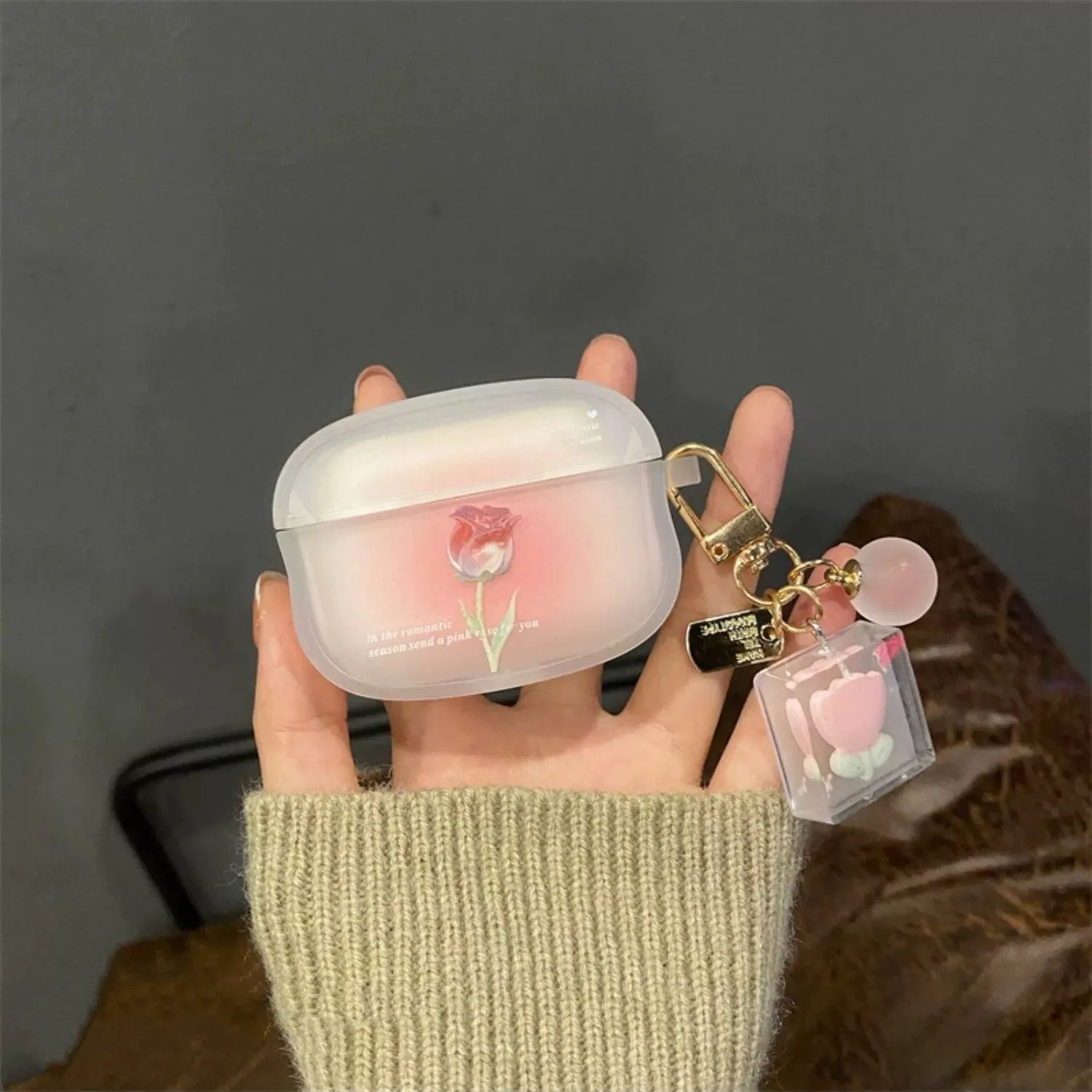 Cute Clear Gradient Pink Tulip Flower Print Protective Shockproof Cover AirPods Case   Carabiner Trinket for AirPods 1 2 3 Pro 2 Generation