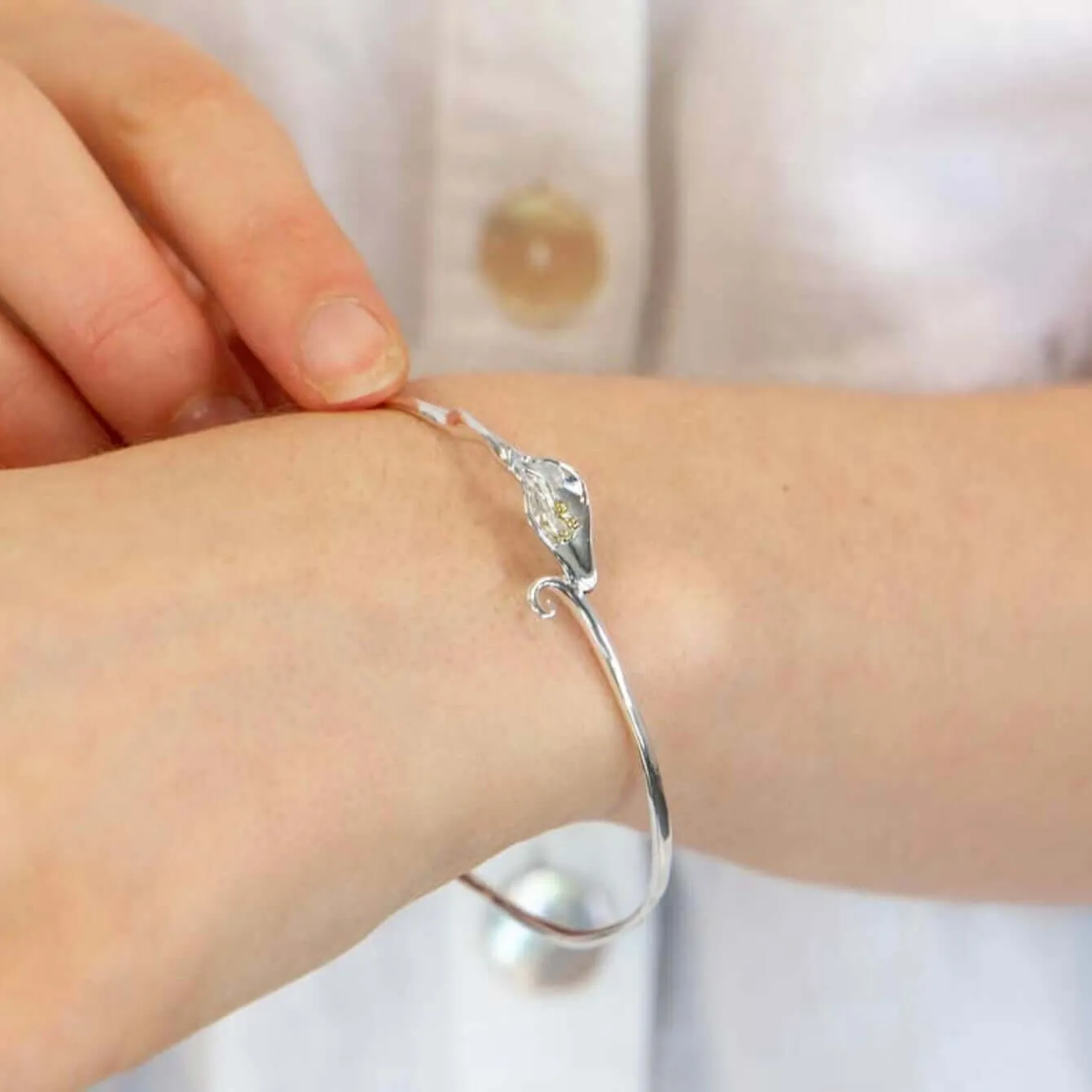 Elegant Calla Lily Bangle Handmade In Sterling Silver & 14 Carat Gold