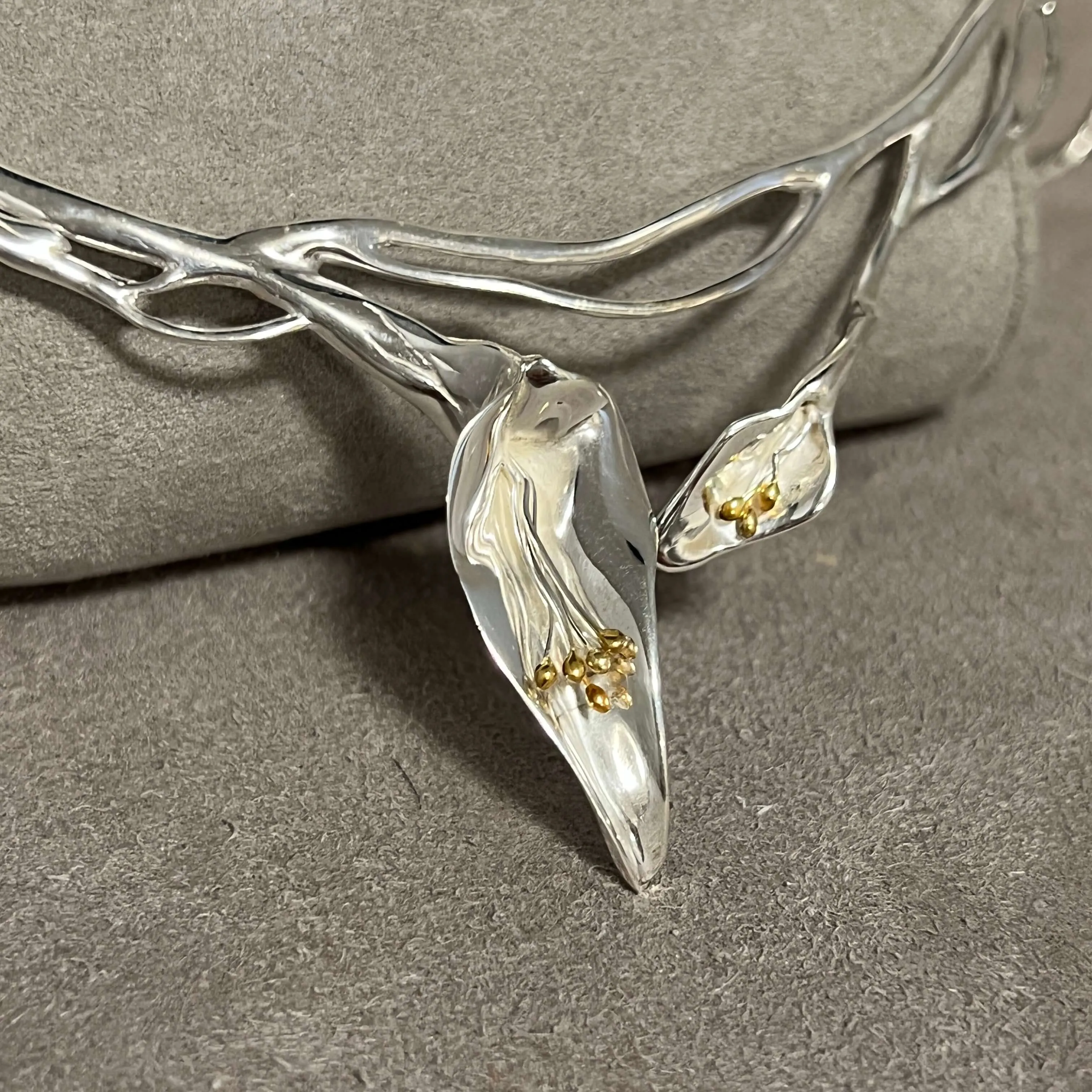 Elegant Calla Lily Large Panel Necklace Handmade In Sterling Silver