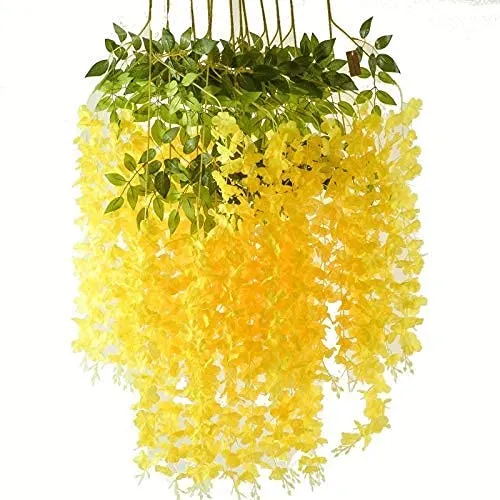 GREEN INDIA Artificial Wisteria Flowers 12 Pack Long Hanging Bush Flowers Silk Wisteria Hanging Vine Garland Party Outdoor Wedding Arch Flowers Decoration (YELLOW)