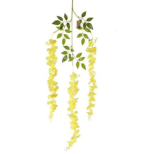 GREEN INDIA Artificial Wisteria Flowers 12 Pack Long Hanging Bush Flowers Silk Wisteria Hanging Vine Garland Party Outdoor Wedding Arch Flowers Decoration (YELLOW)