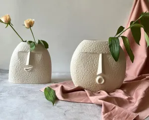 Greennest Ceramic Flower Vase | Set of 2 | Upbeat Face Vase 6 inch & Blowing Kiss Face Vase 6 inch (White, Rough Matte Finish) (White Set of 2)