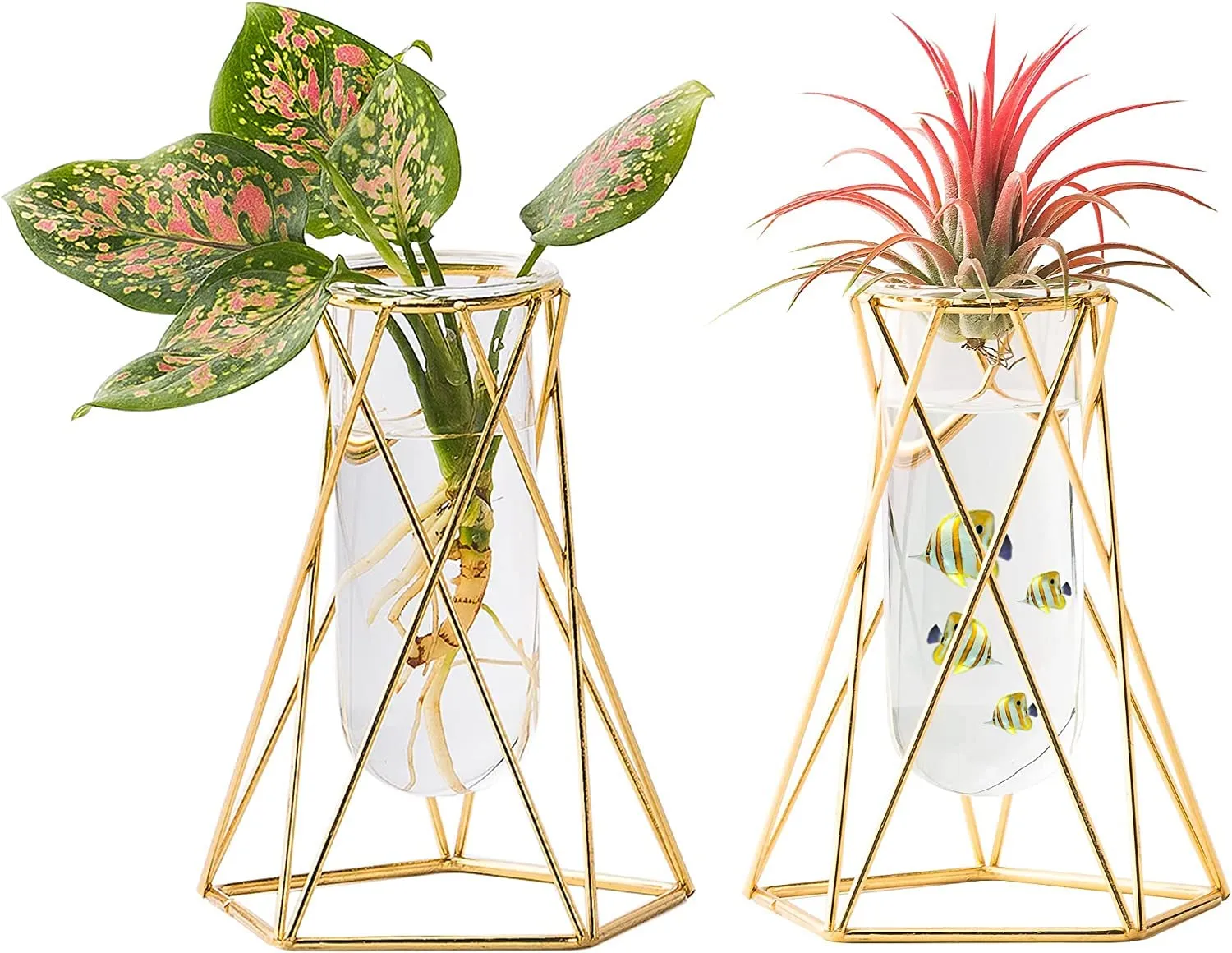 Lavish Craft 2 Pcs Gold Geometric Vase,Air Plant Stand,Hydroponic Plant Flower Vase Glass Test Tube,Modern Vases for Flowers as Wedding Home Office Centerpiece,vases for centerpieces