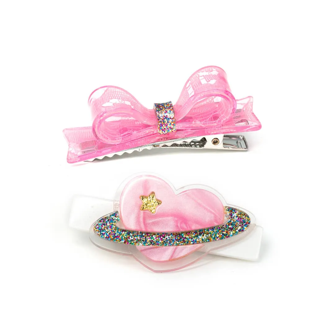 Lilies & Roses Heart Planet with Bow Pearlized Pink Hair Clips