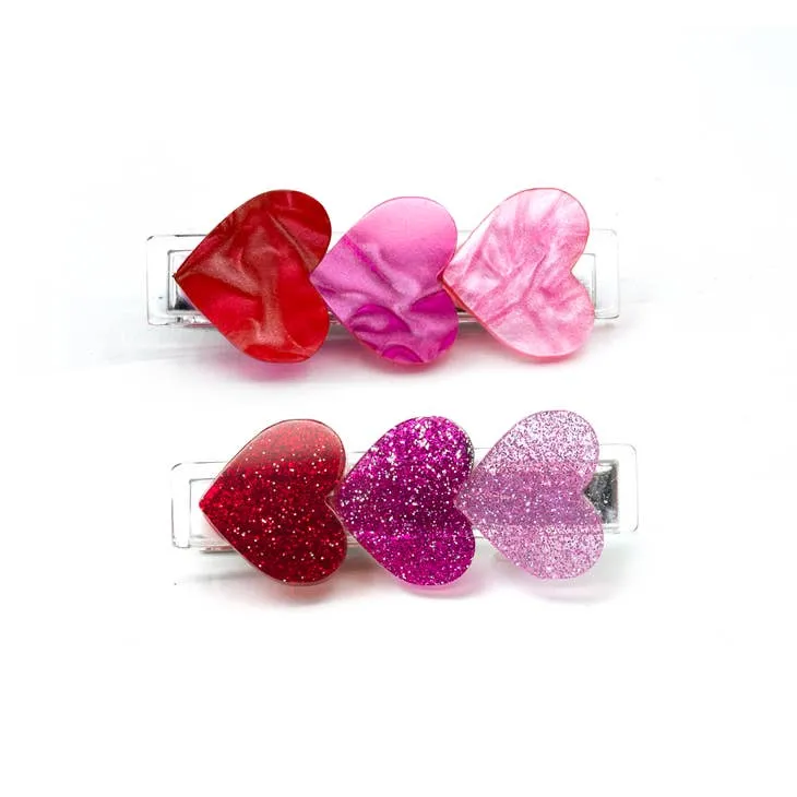 Lilies & Roses Hearts Alligator Clip Set - Red & Pink Glitter Pearlized