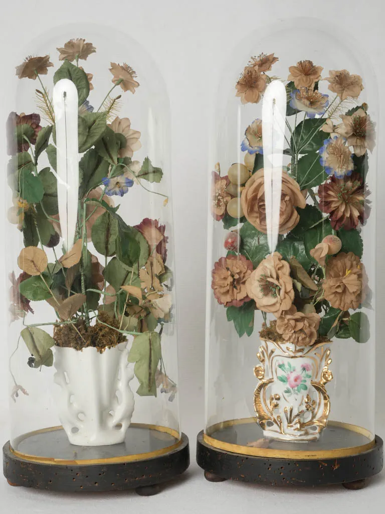 Pair of 1930s Old Paris porcelain bridal vases w/ floral paper bouquets in glass domes 19"