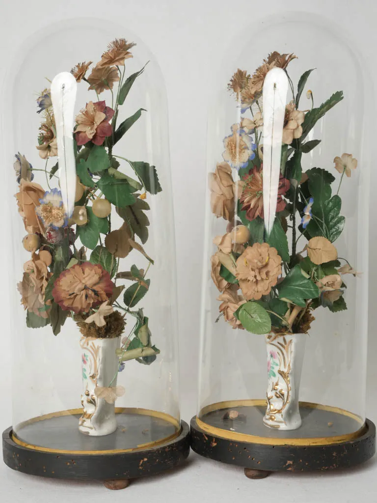 Pair of 1930s Old Paris porcelain bridal vases w/ floral paper bouquets in glass domes 19"