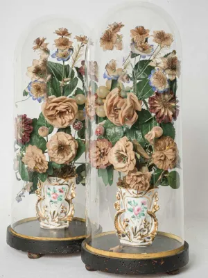 Pair of 1930s Old Paris porcelain bridal vases w/ floral paper bouquets in glass domes 19"