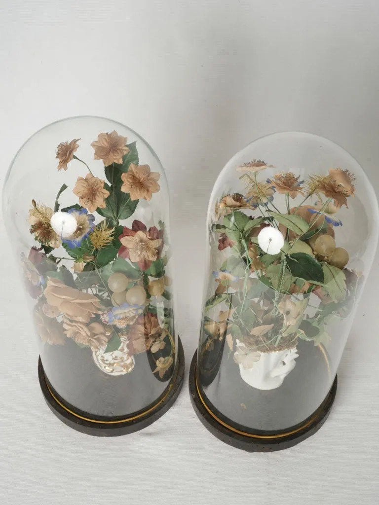 Pair of 1930s Old Paris porcelain bridal vases w/ floral paper bouquets in glass domes 19"