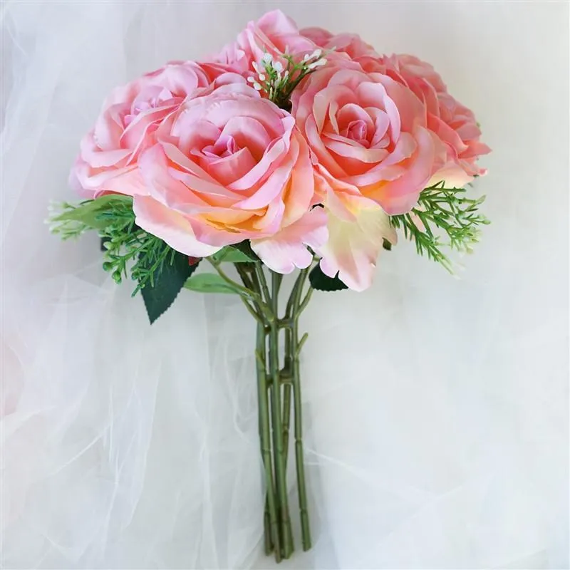 Rose & Baby Breath Assorted Bridal Bouquet Artificial Silk Flowers - Pink