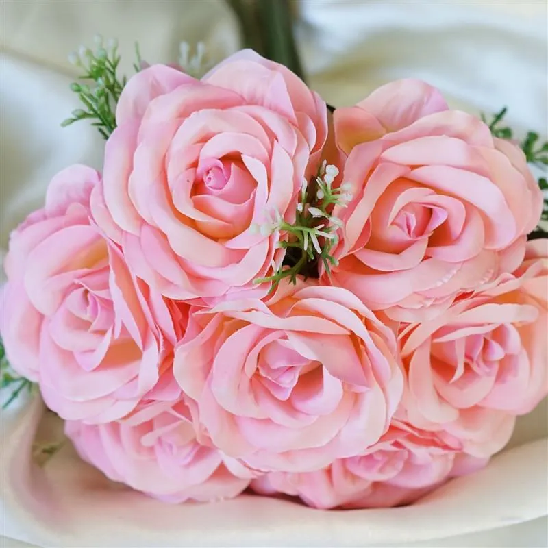 Rose & Baby Breath Assorted Bridal Bouquet Artificial Silk Flowers - Pink