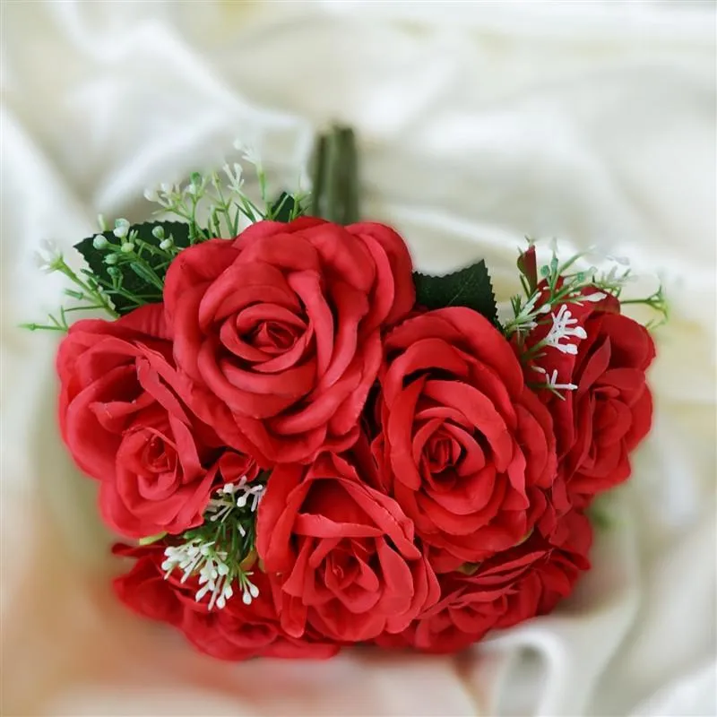 Rose & Baby Breath Assorted Bridal Bouquet Artificial Silk Flowers - Red