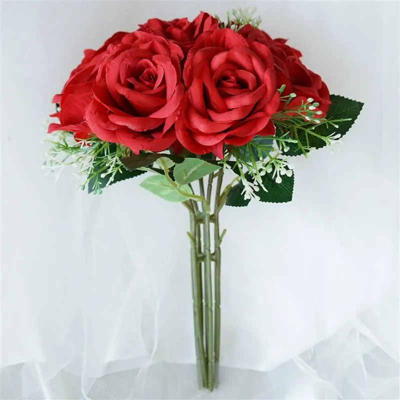 Rose & Baby Breath Assorted Bridal Bouquet Artificial Silk Flowers - Red