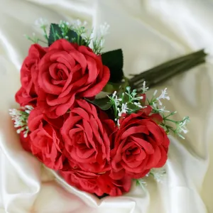 Rose & Baby Breath Assorted Bridal Bouquet Artificial Silk Flowers - Red