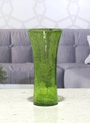 Shobhana Enterprises Crystal Glass Decorative Crackared Flower Vase for Home Décor - (Size - 9 X 9 X 20 CM, 8 Inches) (Green)