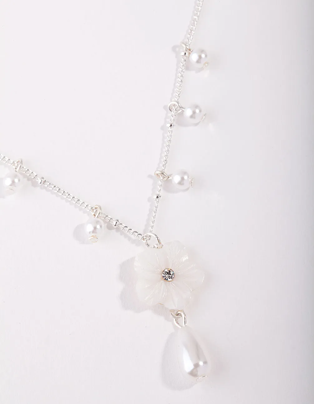 Silver Pearl Flower Chain Necklace