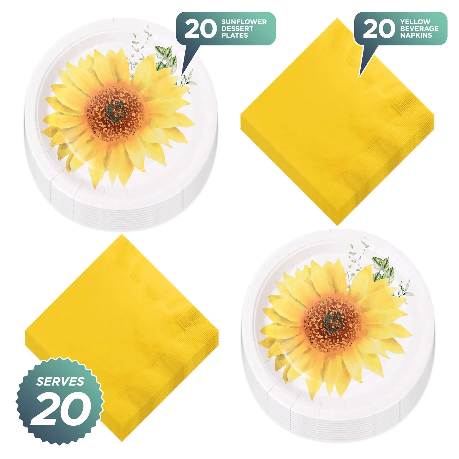 Sunflower Party Paper Dessert Plates and Solid Yellow Beverage Napkins (Serves 20)