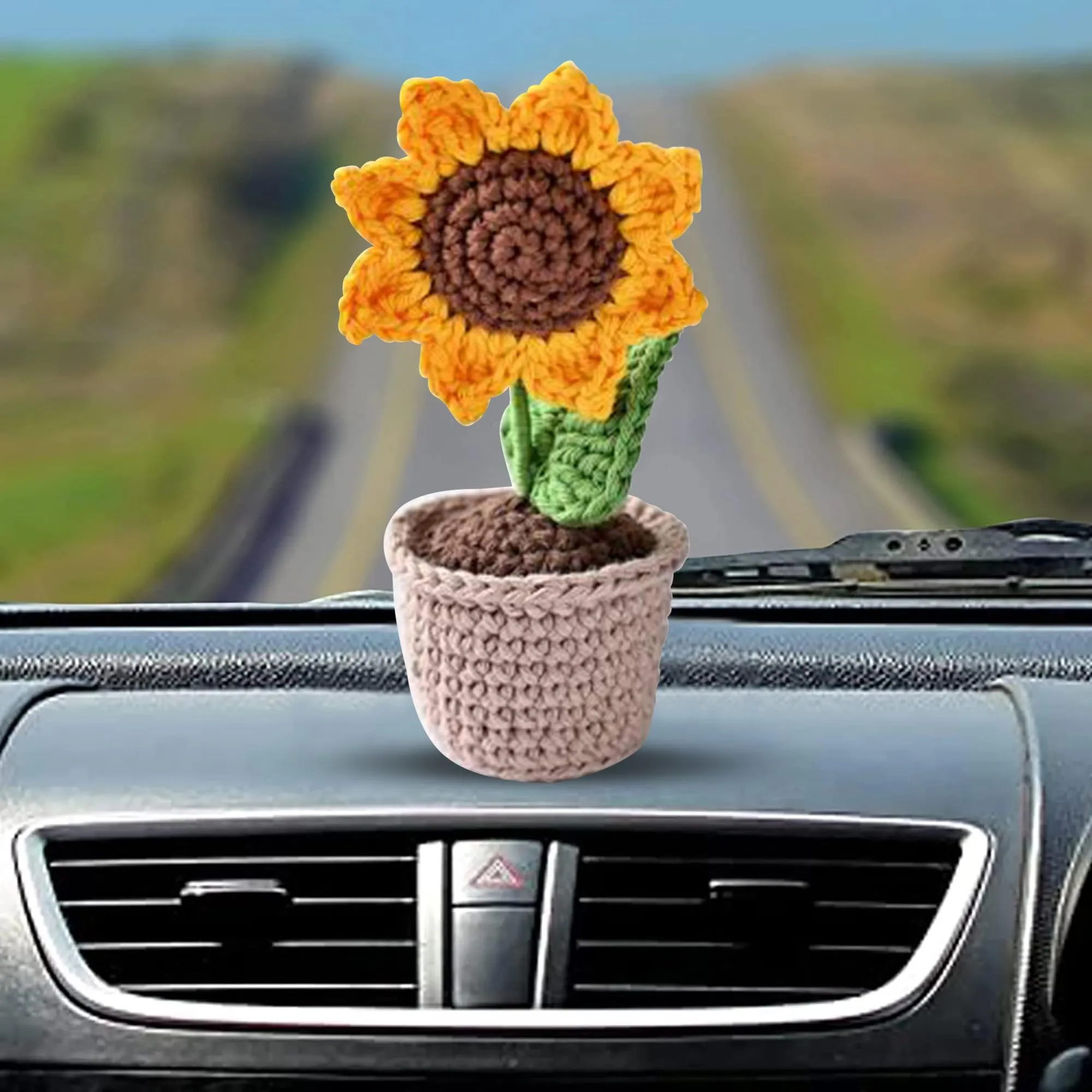 THD Handmade Crochet Flowers Completed Hand Woven Sunflowers Daisy Knitted Potted Plants Knitted Flower for Car Dash Decoration, Table Decoration, Home Decoration Pack-1 Home Decoration