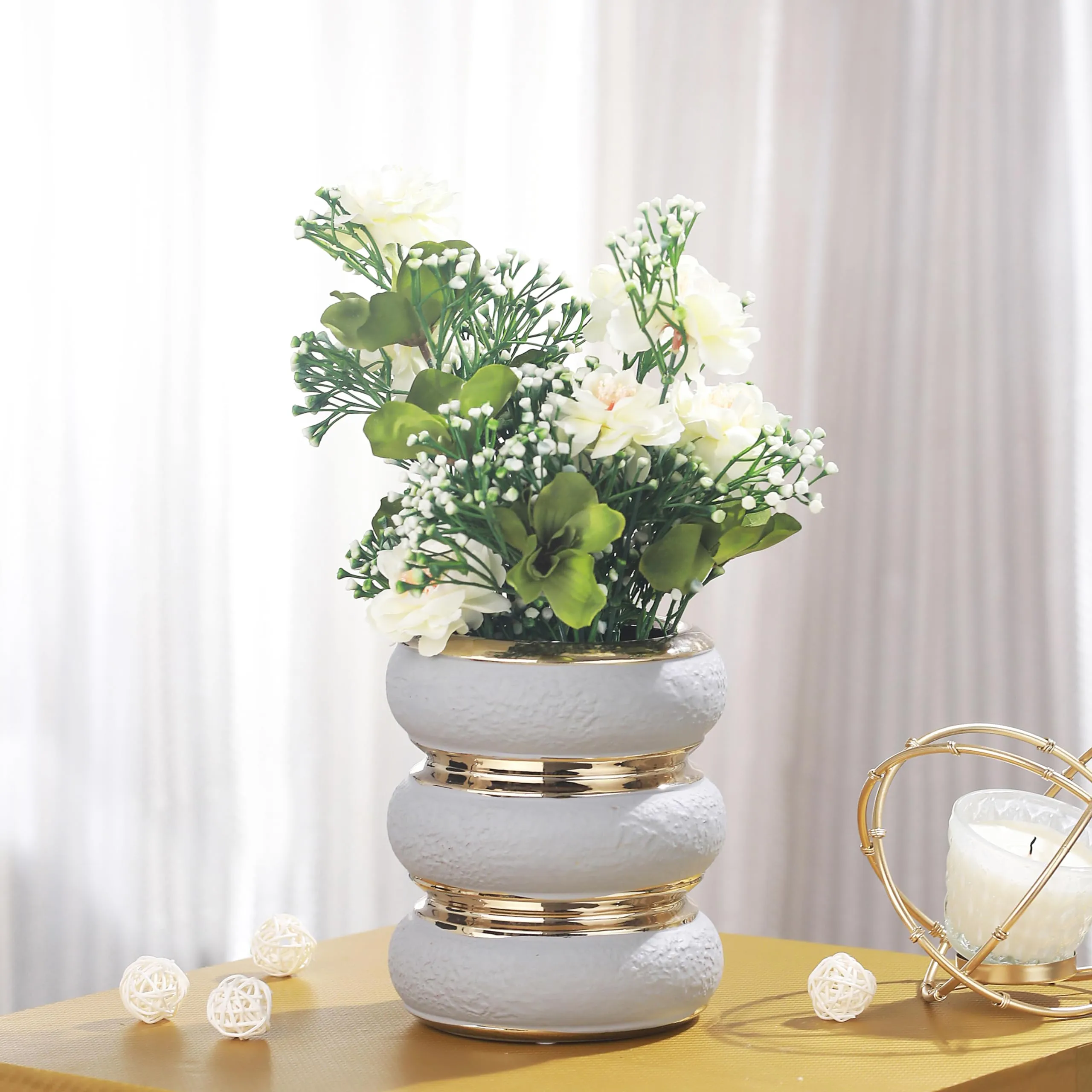 TIED RIBBONS Ceramic Flower Vase for Home Decor Flowers Plants Living Room Bedroom Centrepiece Office Table Decoration Items (White, 19 cm x 13.5 cm)