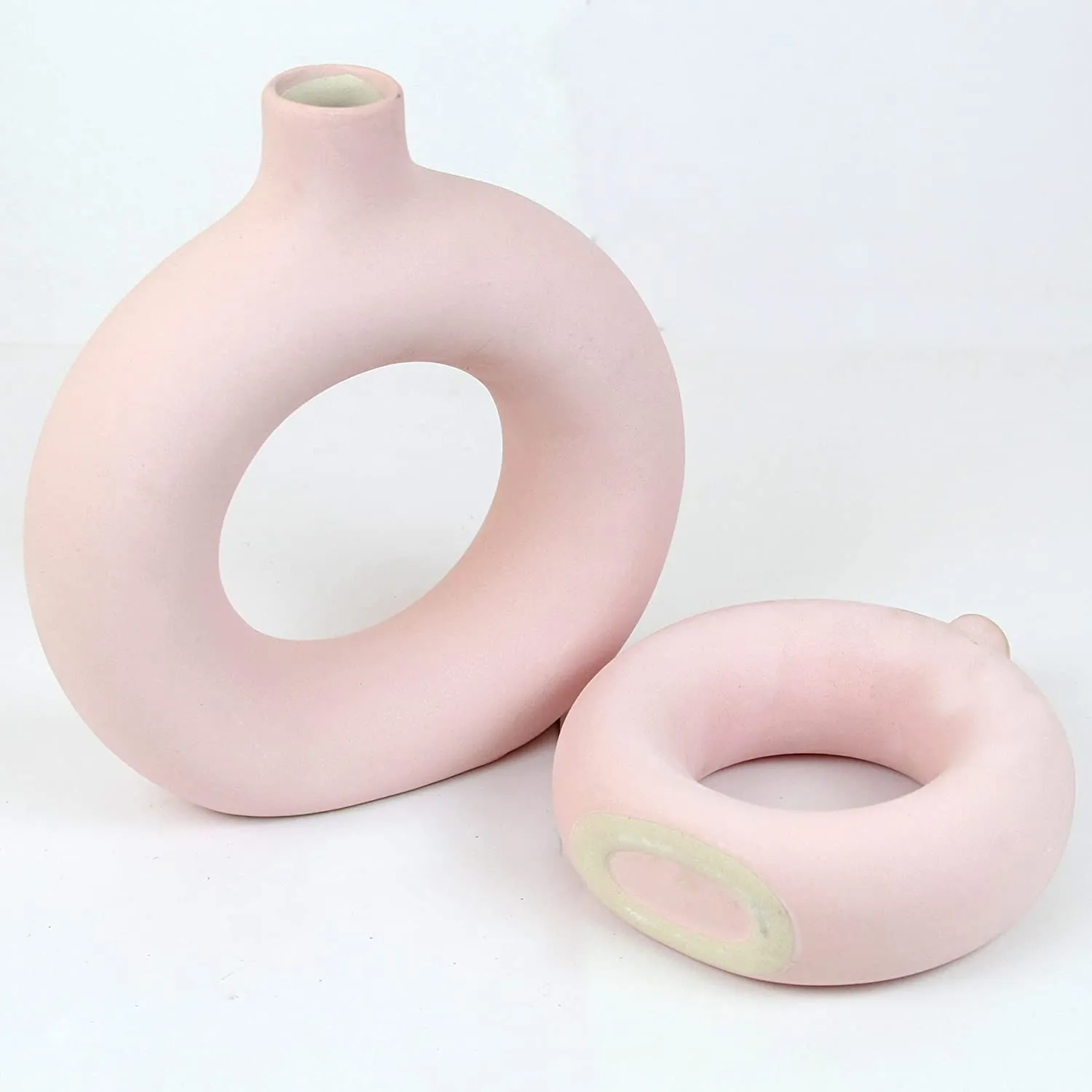 TIED RIBBONS Set of 2 Decorative Ceramic Donut Vase (Pink, 8.5 & 6 Inches) for Pampas Grass Flower Plants Home Decor Living Room Bedroom Bathroom Office Table Round Shaped Vases Decoration Items