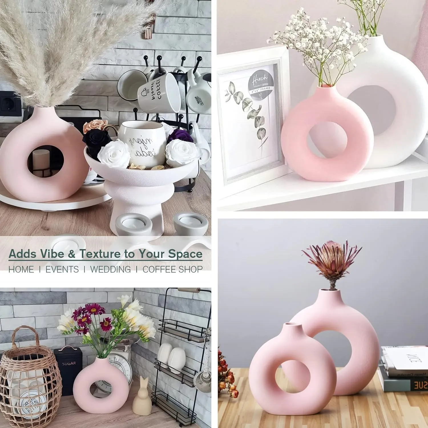 TIED RIBBONS Set of 2 Decorative Ceramic Donut Vase (Pink, 8.5 & 6 Inches) for Pampas Grass Flower Plants Home Decor Living Room Bedroom Bathroom Office Table Round Shaped Vases Decoration Items