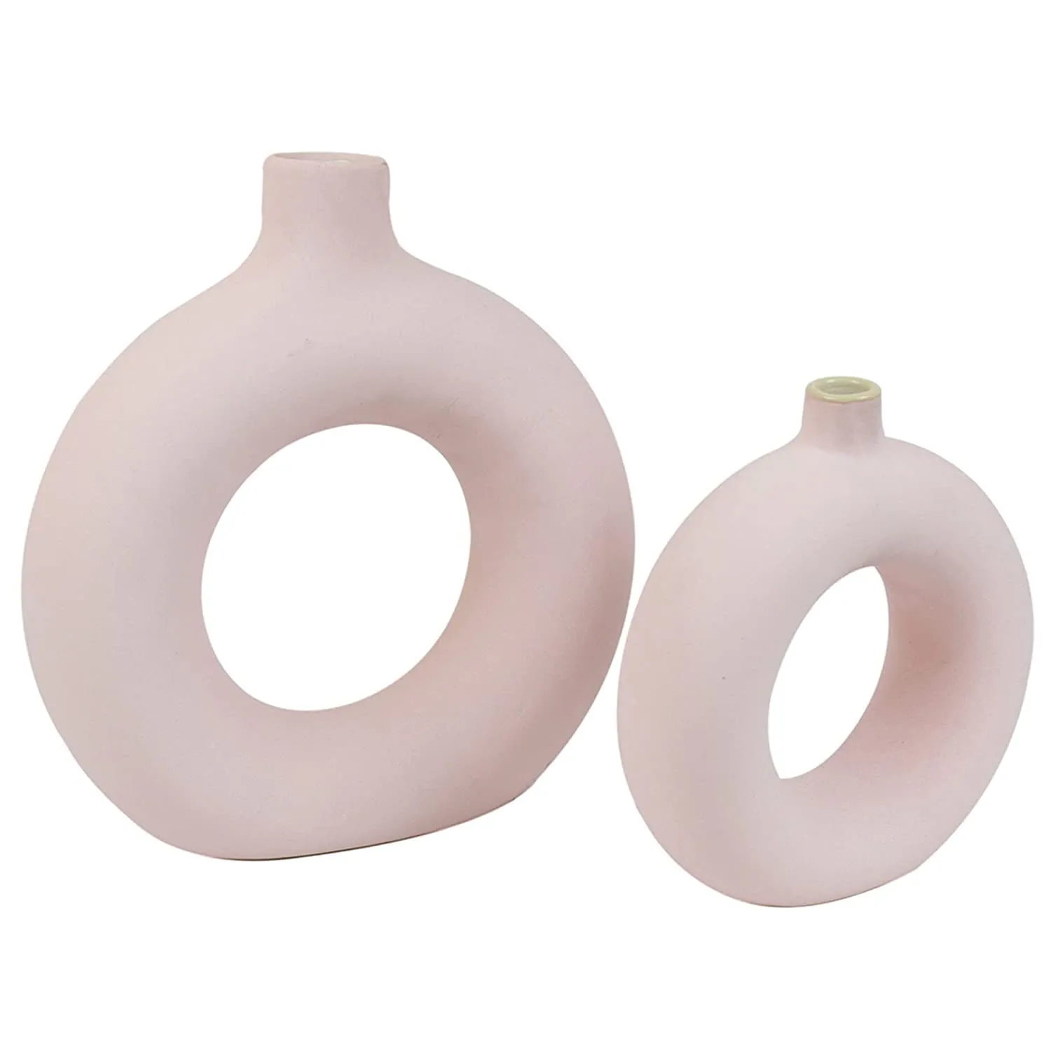 TIED RIBBONS Set of 2 Decorative Ceramic Donut Vase (Pink, 8.5 & 6 Inches) for Pampas Grass Flower Plants Home Decor Living Room Bedroom Bathroom Office Table Round Shaped Vases Decoration Items