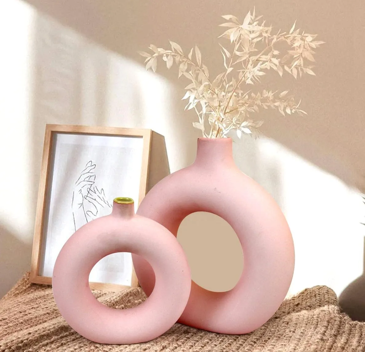 TIED RIBBONS Set of 2 Decorative Ceramic Donut Vase (Pink, 8.5 & 6 Inches) for Pampas Grass Flower Plants Home Decor Living Room Bedroom Bathroom Office Table Round Shaped Vases Decoration Items