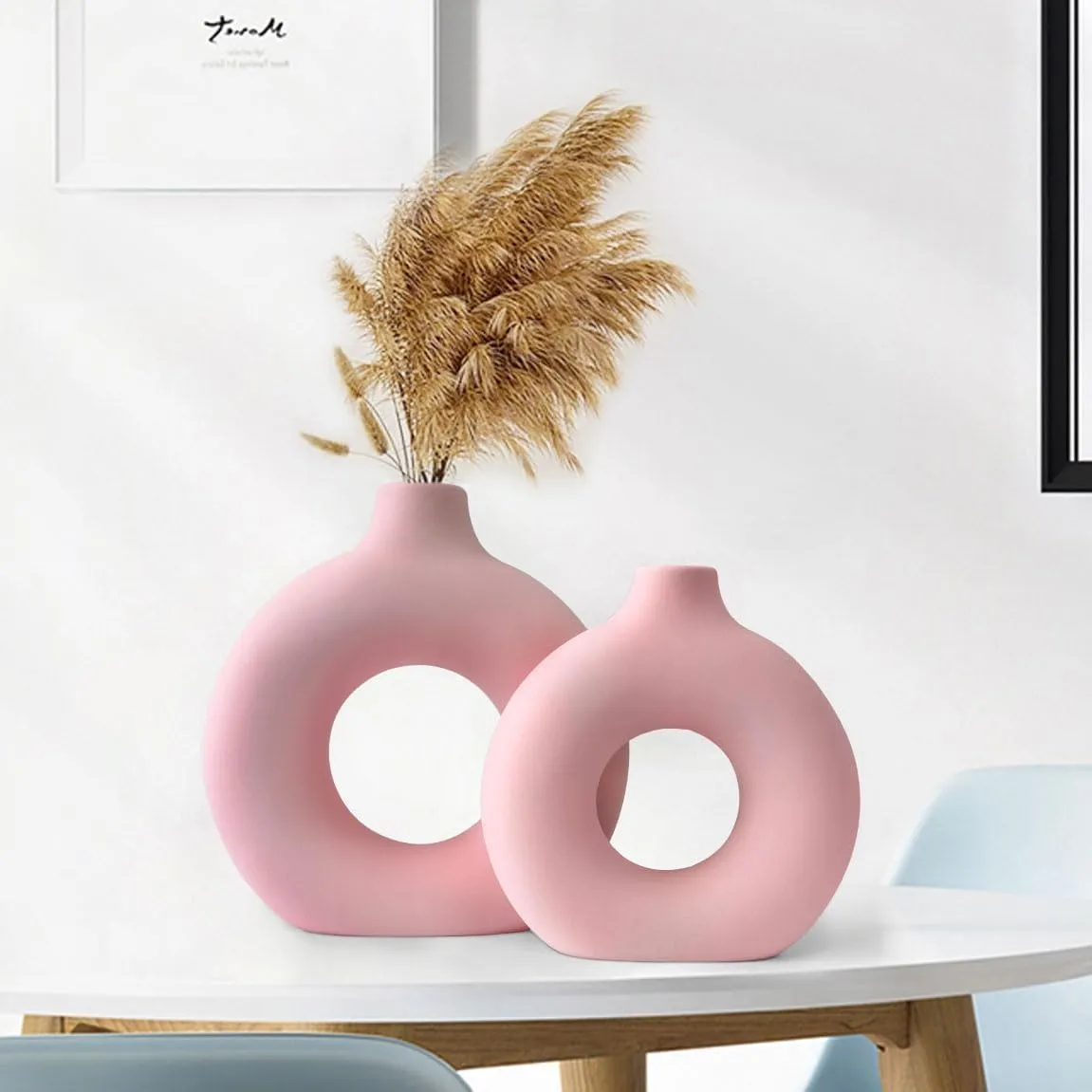 TIED RIBBONS Set of 2 Decorative Ceramic Donut Vase (Pink, 8.5 & 6 Inches) for Pampas Grass Flower Plants Home Decor Living Room Bedroom Bathroom Office Table Round Shaped Vases Decoration Items