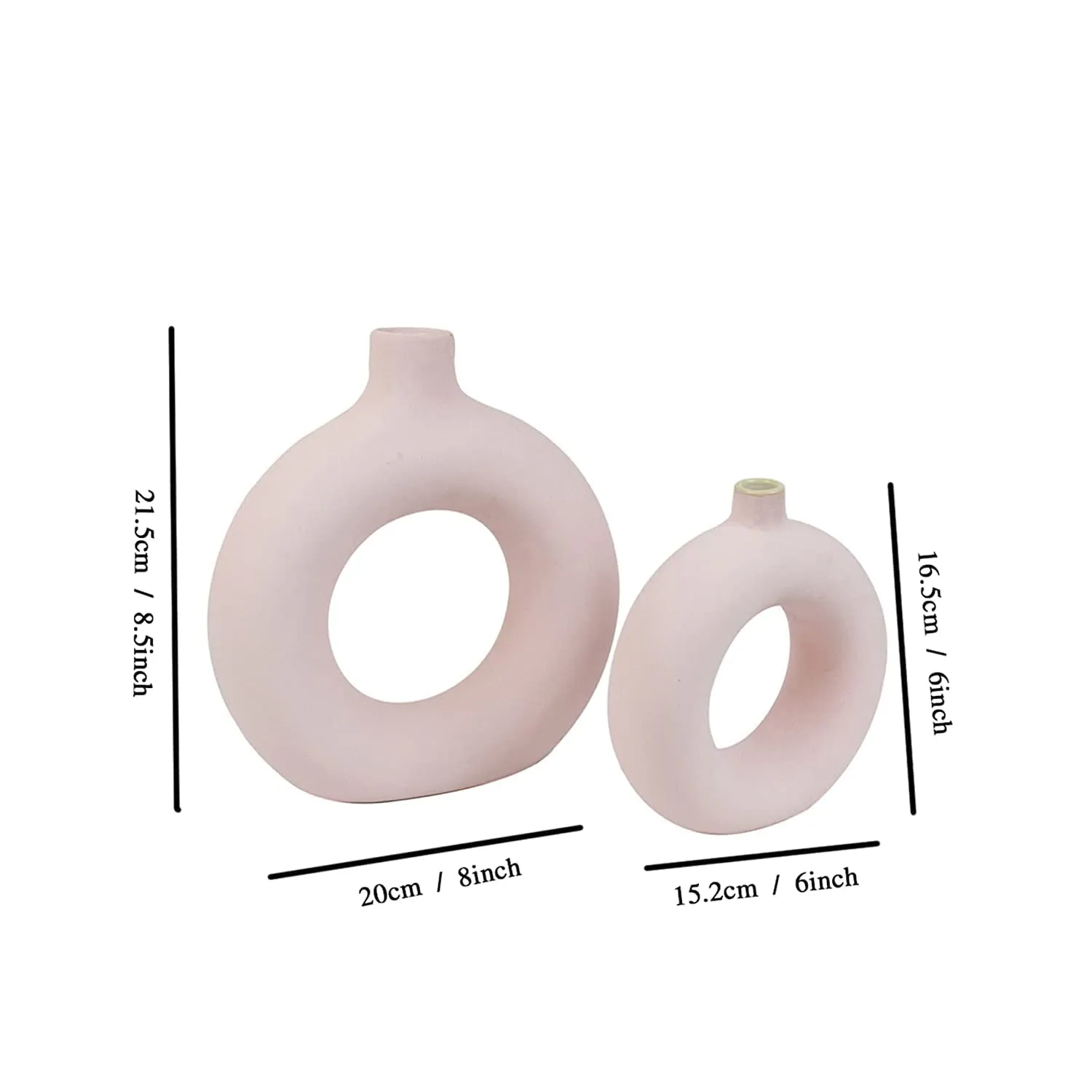 TIED RIBBONS Set of 2 Decorative Ceramic Donut Vase (Pink, 8.5 & 6 Inches) for Pampas Grass Flower Plants Home Decor Living Room Bedroom Bathroom Office Table Round Shaped Vases Decoration Items