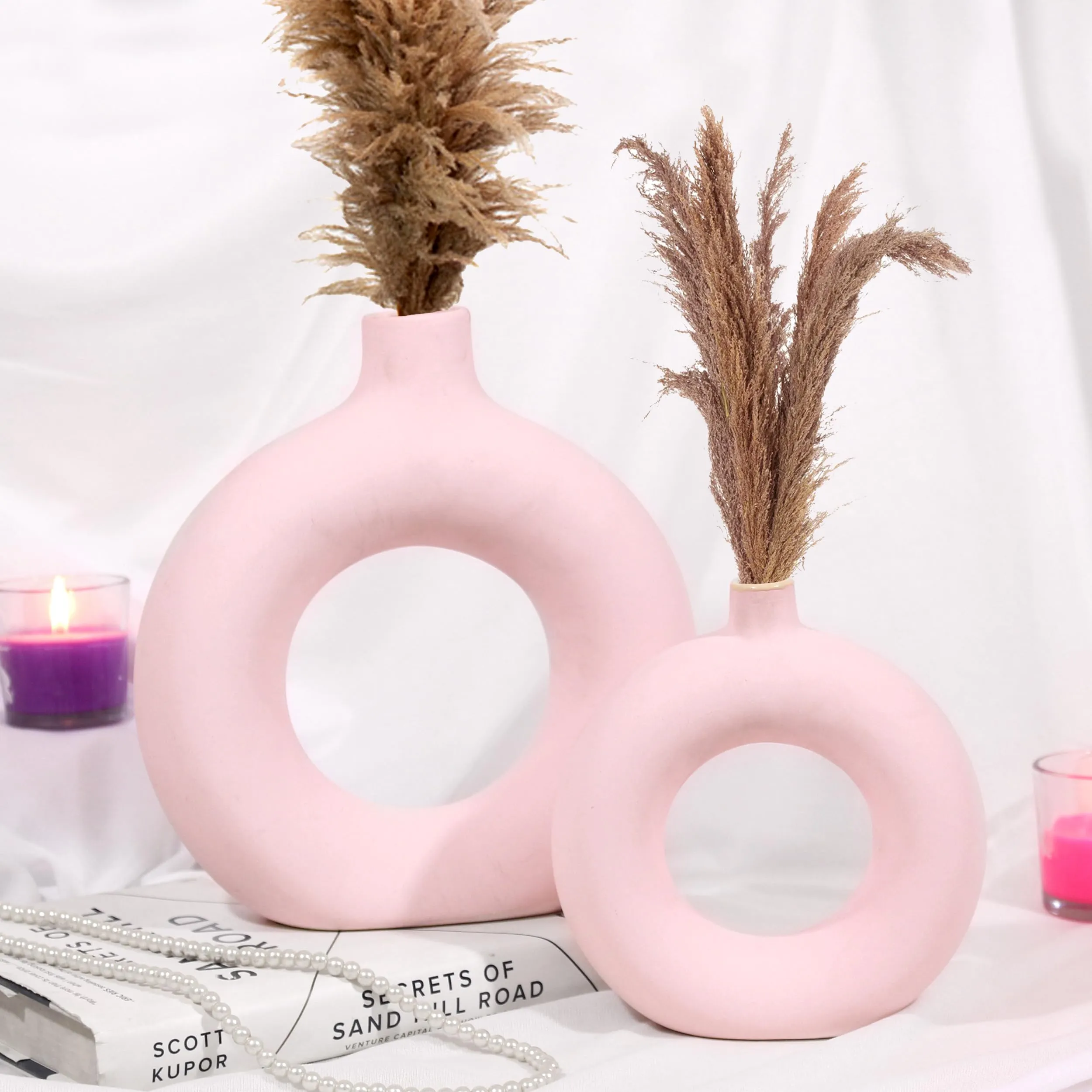 TIED RIBBONS Set of 2 Decorative Ceramic Donut Vase (Pink, 8.5 & 6 Inches) for Pampas Grass Flower Plants Home Decor Living Room Bedroom Bathroom Office Table Round Shaped Vases Decoration Items