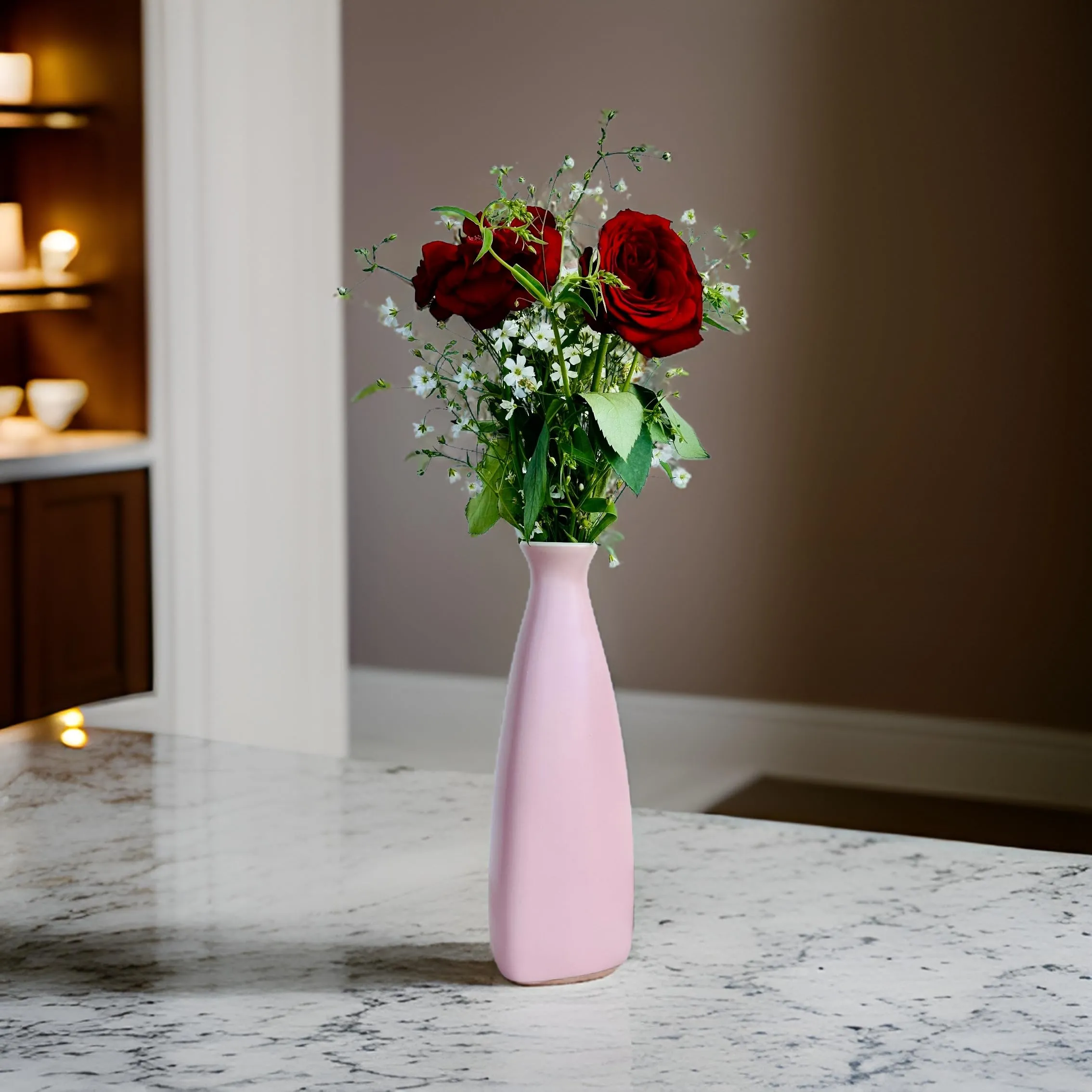 URBAN SENSE Ceramic | Triangular Bottle Shape Modern Flower Vase For Home Decor Office Table Living Room Center Table Premium Matte Finish (Light Pink Set Of 2)