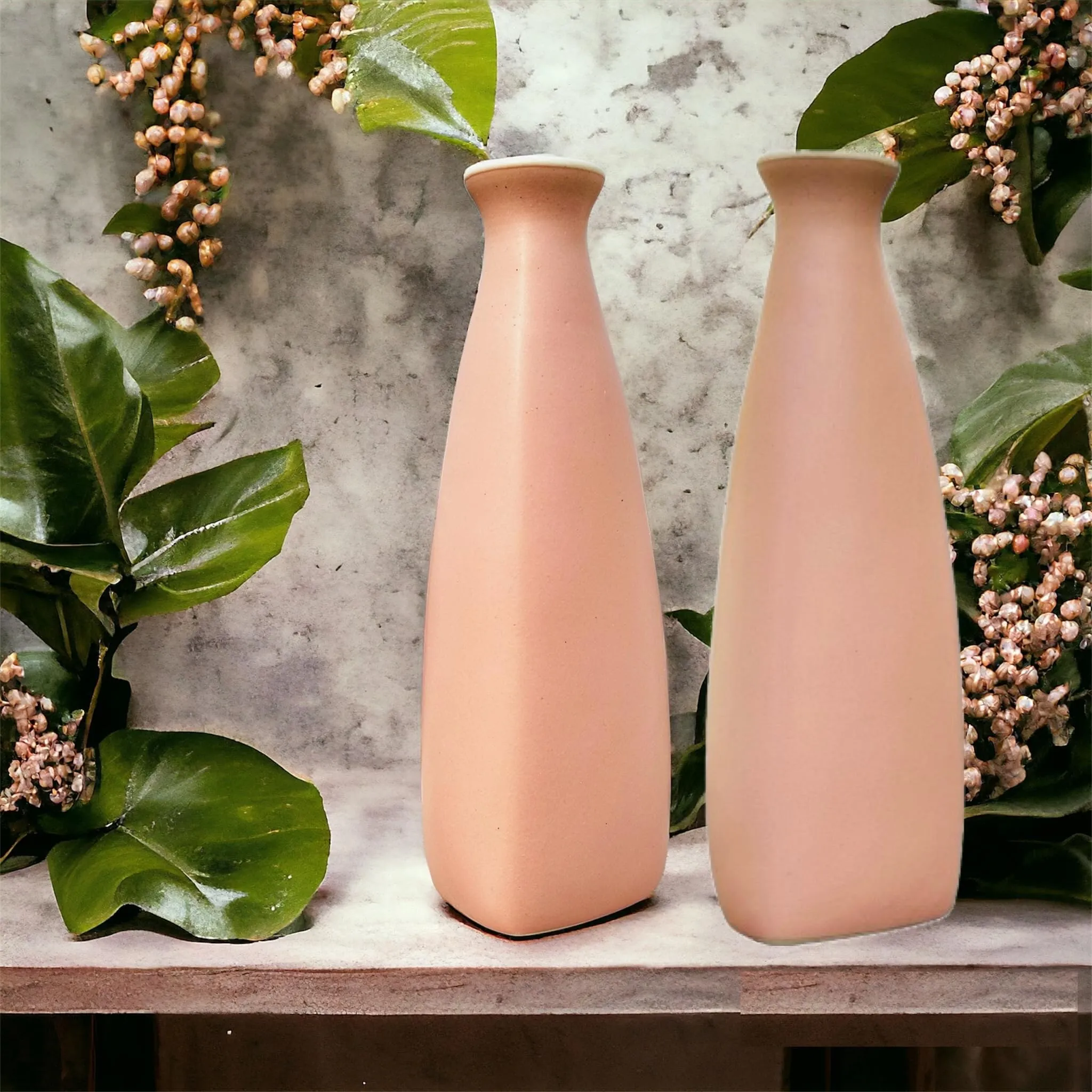 URBAN SENSE Ceramic | Triangular Bottle Shape Modern Flower Vase For Home Decor Office Table Living Room Center Table Premium Matte Finish (Light Pink Set Of 2)