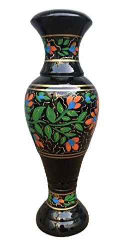 VARDA Zyrah Hand Painted Very Beautiful Black & Yellow Floral Design Wooden Table Vase - 12 Inches Combo of (2).