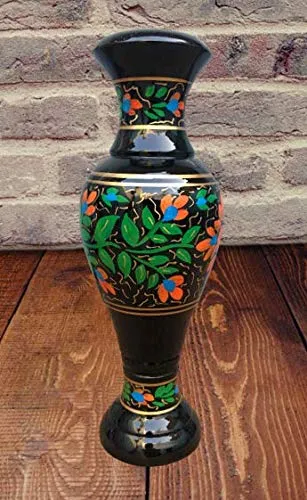 VARDA Zyrah Hand Painted Very Beautiful Black & Yellow Floral Design Wooden Table Vase - 12 Inches Combo of (2).