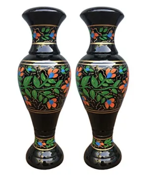 VARDA Zyrah Hand Painted Very Beautiful Black & Yellow Floral Design Wooden Table Vase - 12 Inches Combo of (2).