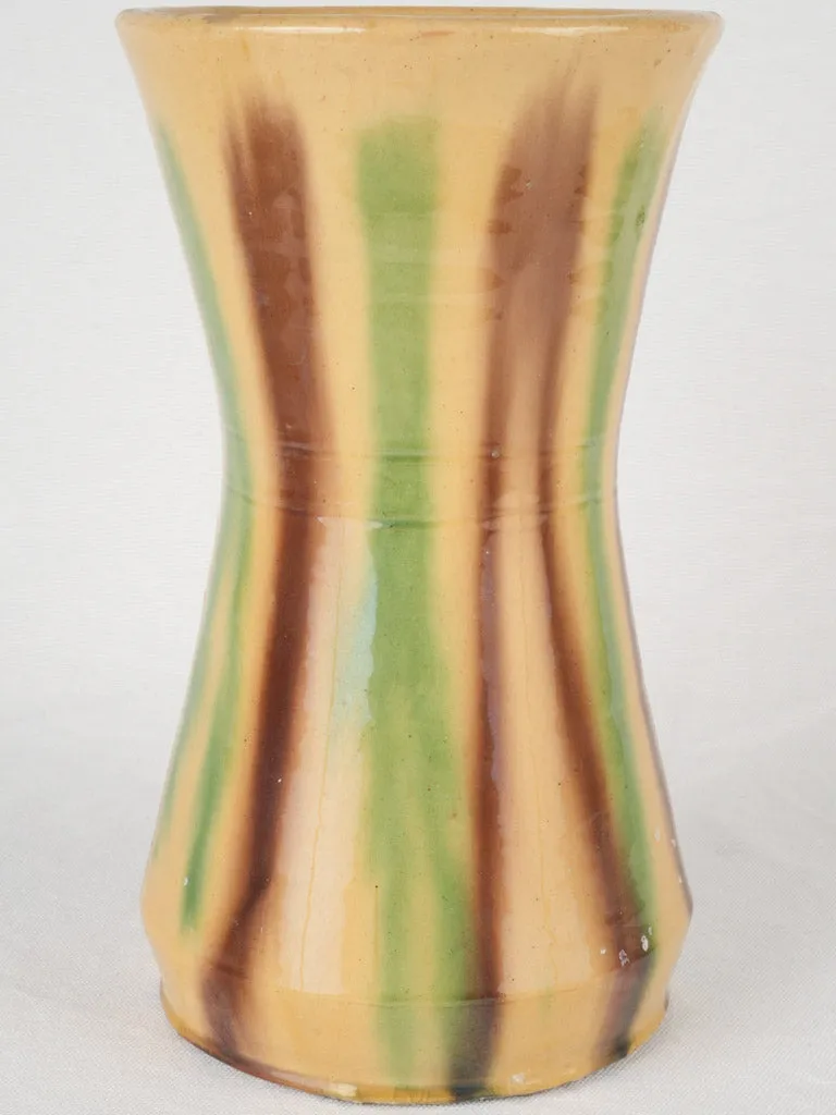 Very Large Antique Anduze Vase w/ Vertical Stripes - Yellow Brown Green 11½"